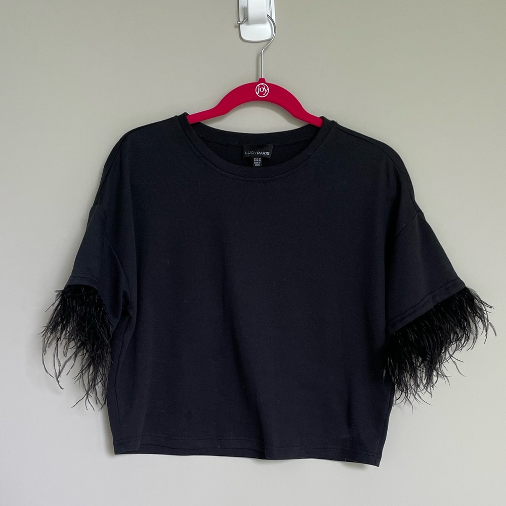 Lucy Paris Black Faux Feather Trim Boxy Short Sleeve Tee
